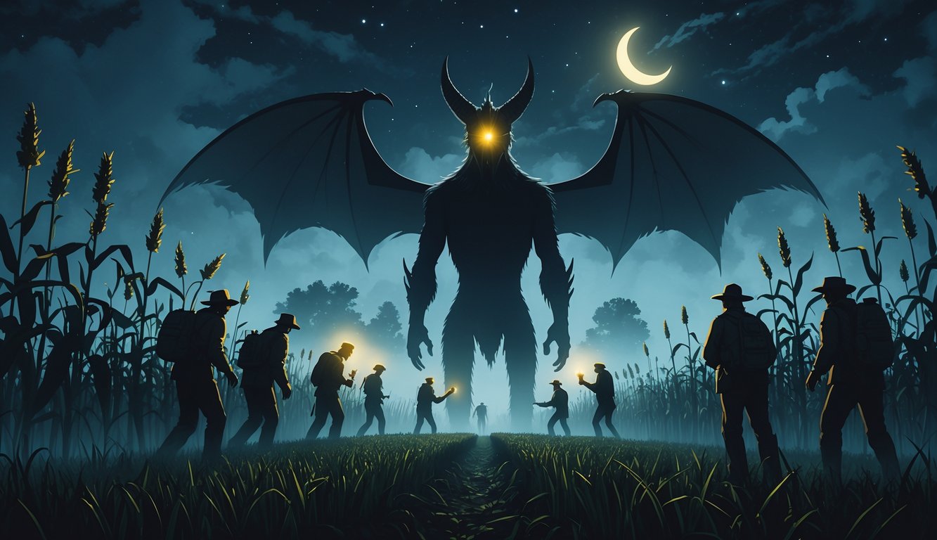 A dark, foggy rural field in Iowa at night with a winged, horned creature and people cautiously approaching with flashlights.