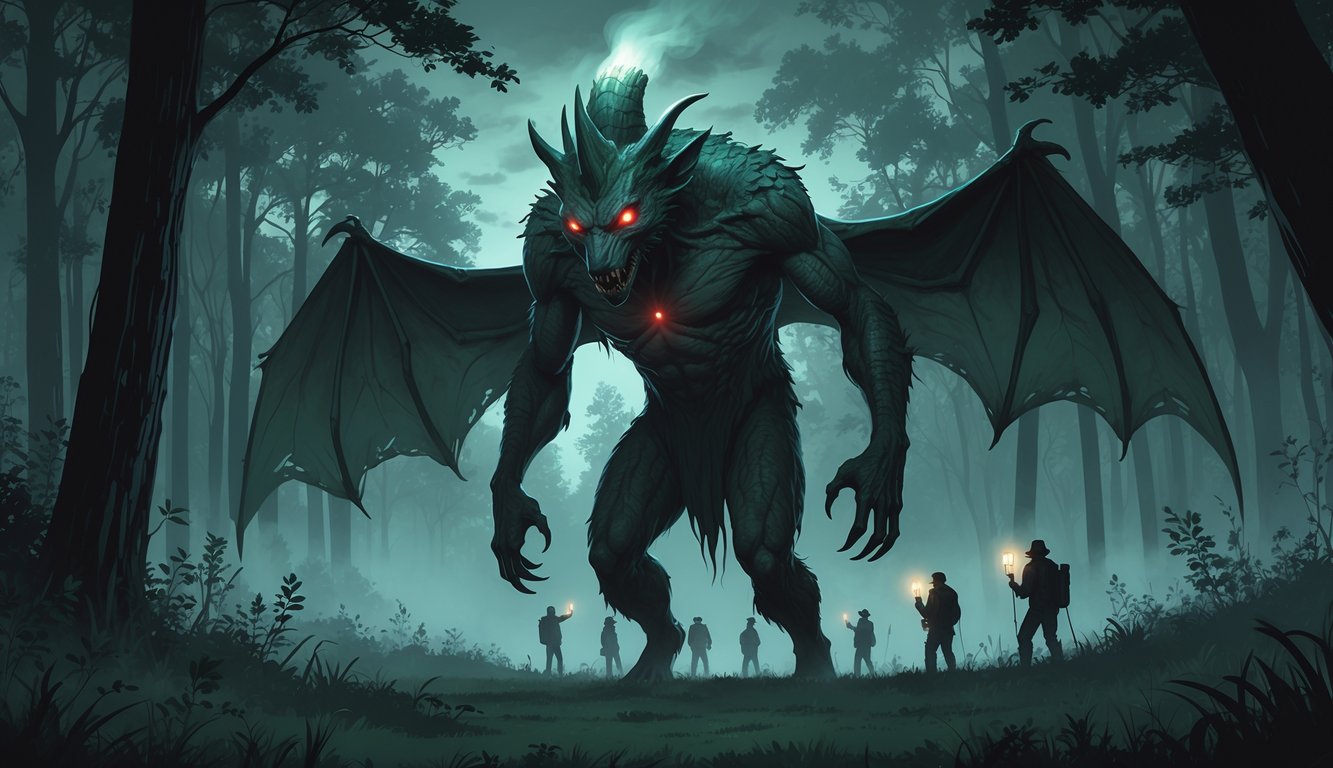A large winged creature with glowing red eyes and a glowing horn stands in a misty forest at dusk while a group of people watch it from a distance.
