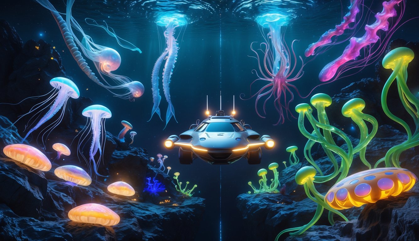 A deep-sea submersible exploring a dark ocean, with Earth’s bioluminescent sea creatures on one side and strange, glowing alien aquatic life on the other.