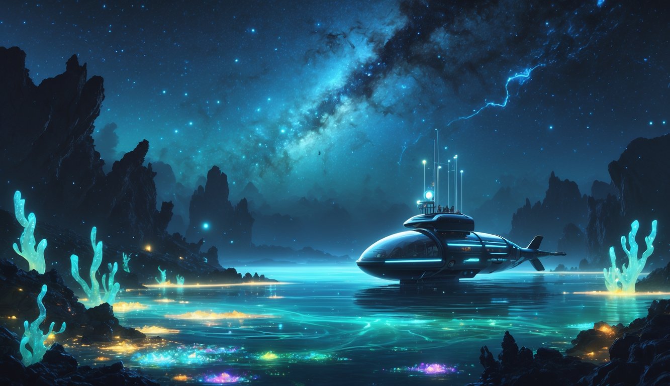 A futuristic submersible exploring a glowing alien ocean filled with strange aquatic creatures and unusual underwater formations beneath a starry sky.