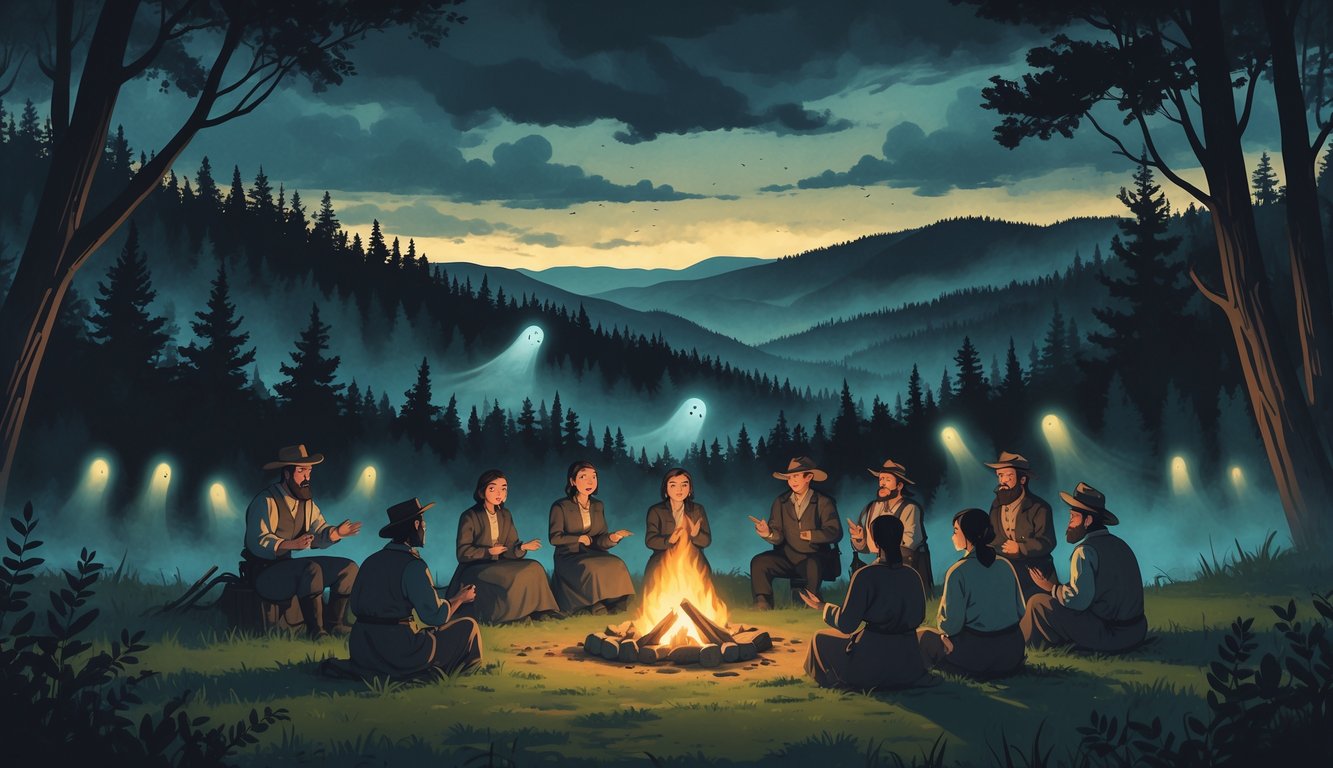 People gathered around a campfire in Appalachian mountains at dusk with ghostly figures and glowing eyes in the surrounding forest.