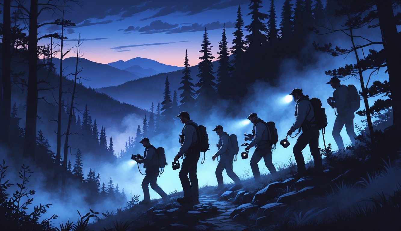 A group of investigators with flashlights and equipment walking through misty Appalachian Mountains at dusk, with faint ghostly figures visible among the trees.