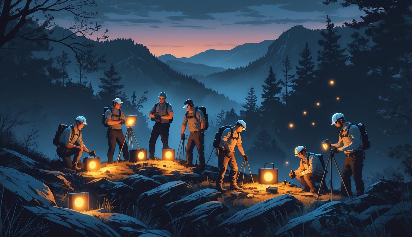 A group of ghost hunters in safety gear setting up paranormal investigation equipment in the misty Appalachian Mountains at dusk.