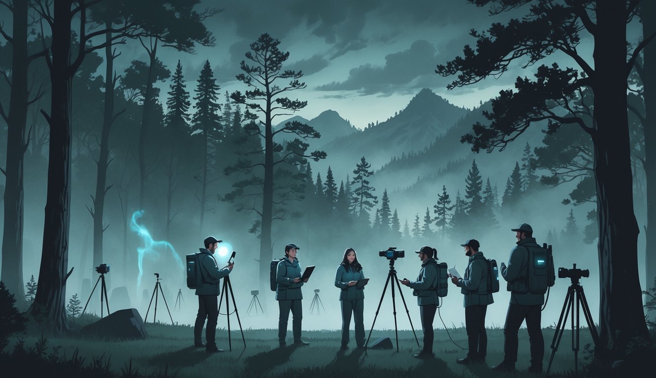 Researchers investigating paranormal activity in a misty Appalachian mountain forest with faint ghostly figures among the trees.
