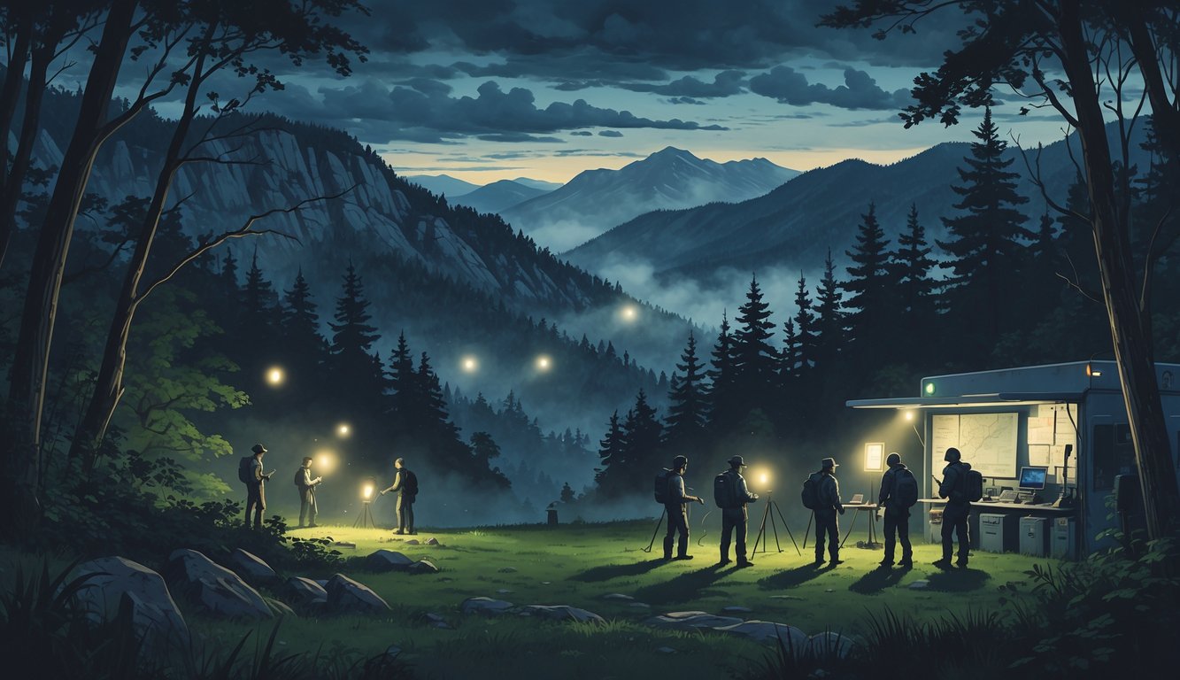 A group of investigators exploring a misty Appalachian mountain forest at dusk with glowing orbs and shadowy figures suggesting paranormal activity.