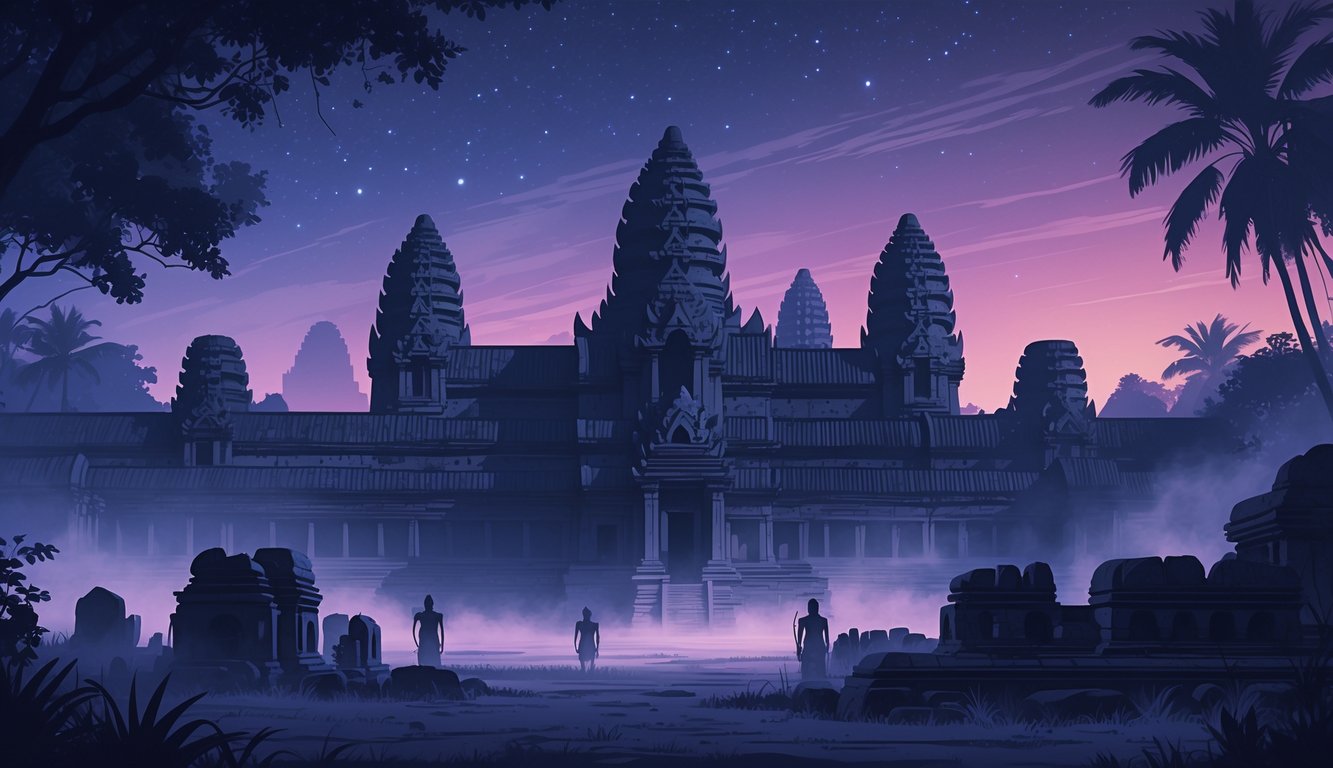 The ancient temple of Angkor Wat at dusk surrounded by mist and ghostly figures among stone ruins and tropical trees.
