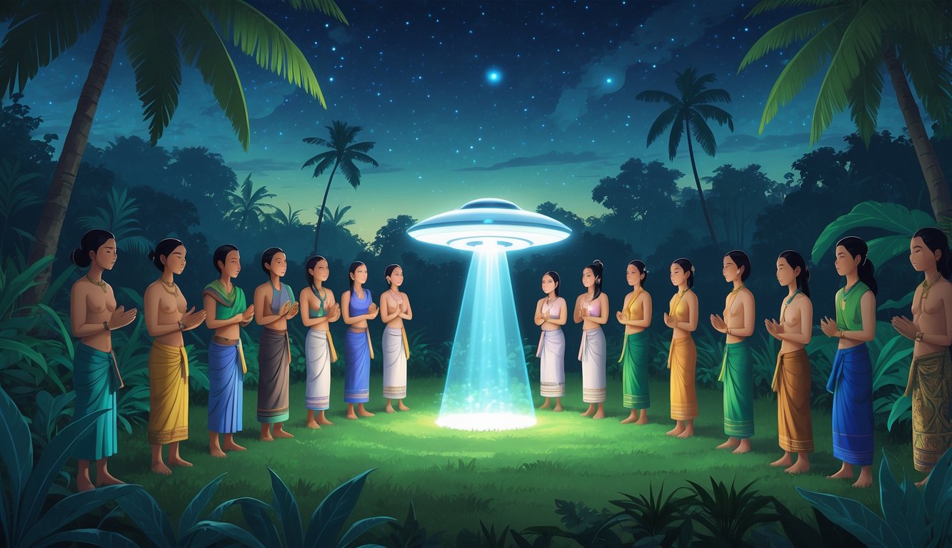 A group of Thai people gathered around a glowing alien artifact in a tropical jungle at dusk, with a UFO hovering in the starry sky above.