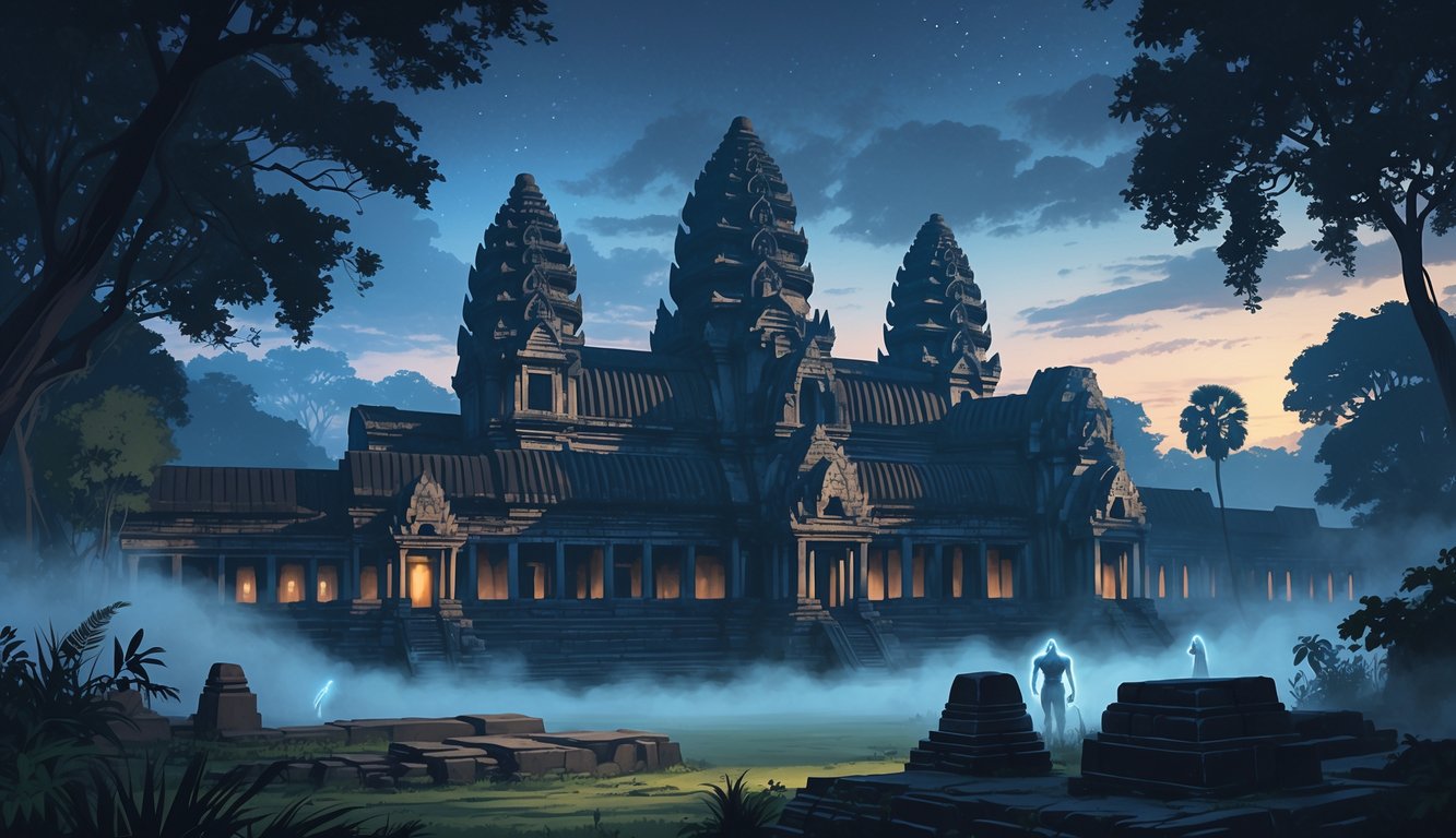 Ancient Angkor Wat temple at dusk surrounded by mist and ghostly figures hovering near the stone ruins.