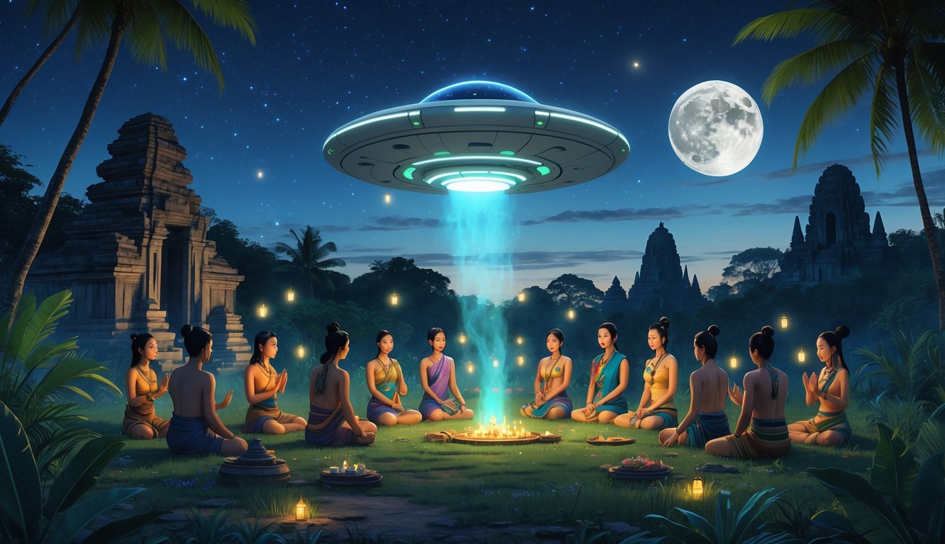 A group of Thai people performing a ritual under a glowing alien spacecraft in a tropical forest clearing at night, surrounded by lanterns and temple ruins.