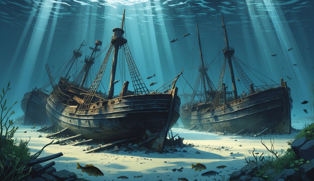 Underwater scene showing several old shipwrecks on the lake bed of Lake Superior surrounded by fish and aquatic plants.