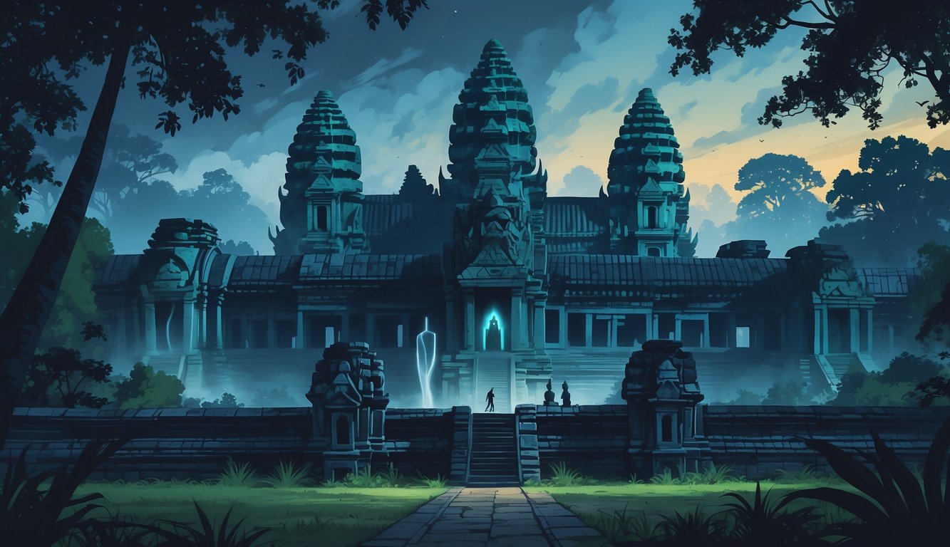 Ancient Angkor Wat temple at twilight surrounded by jungle with faint ghostly figures and mist around the stone ruins.