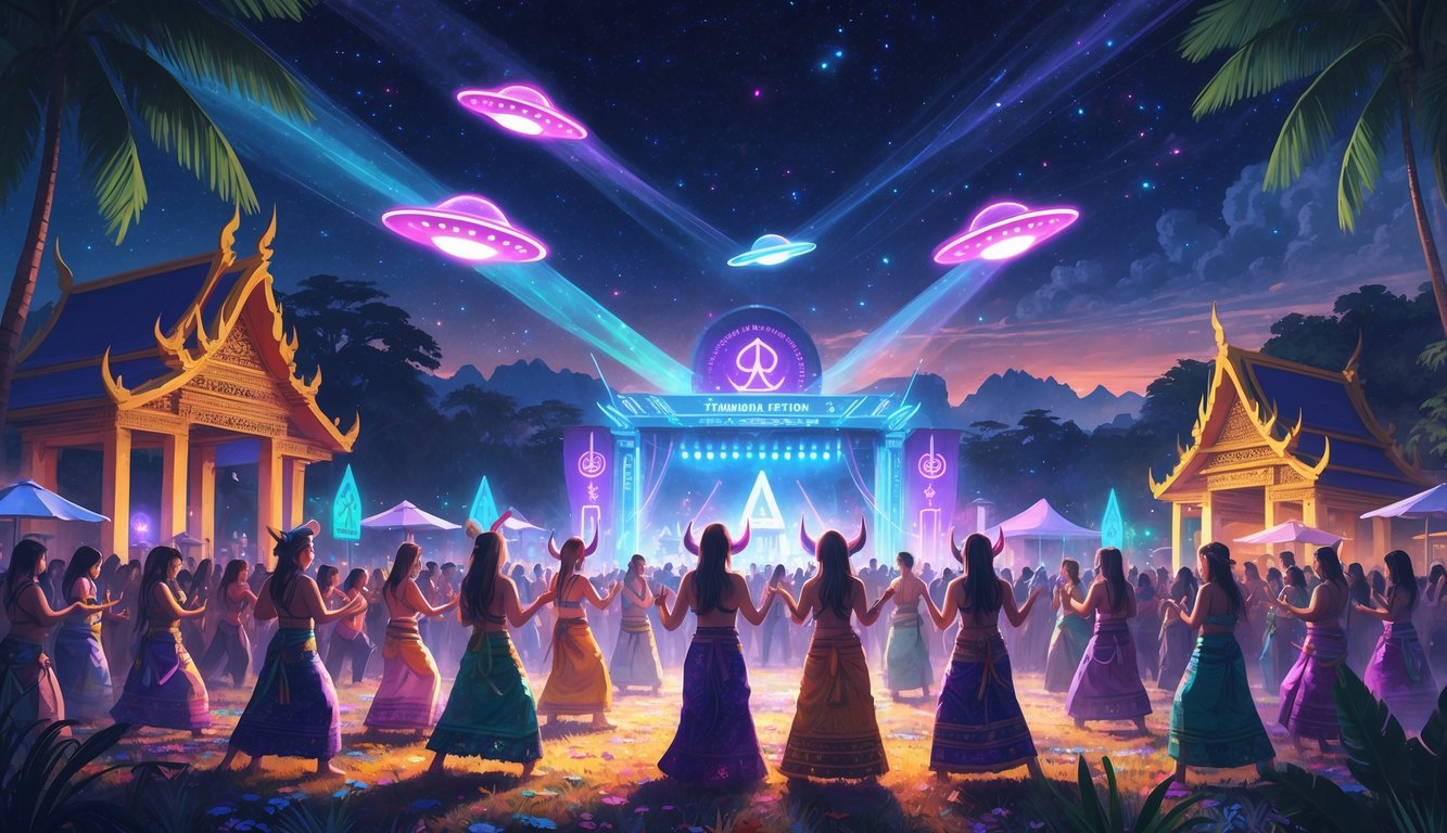A lively nighttime festival scene in Thailand with people dancing and playing music under glowing UFO decorations and a starry sky, blending traditional Thai elements with alien-themed visuals.