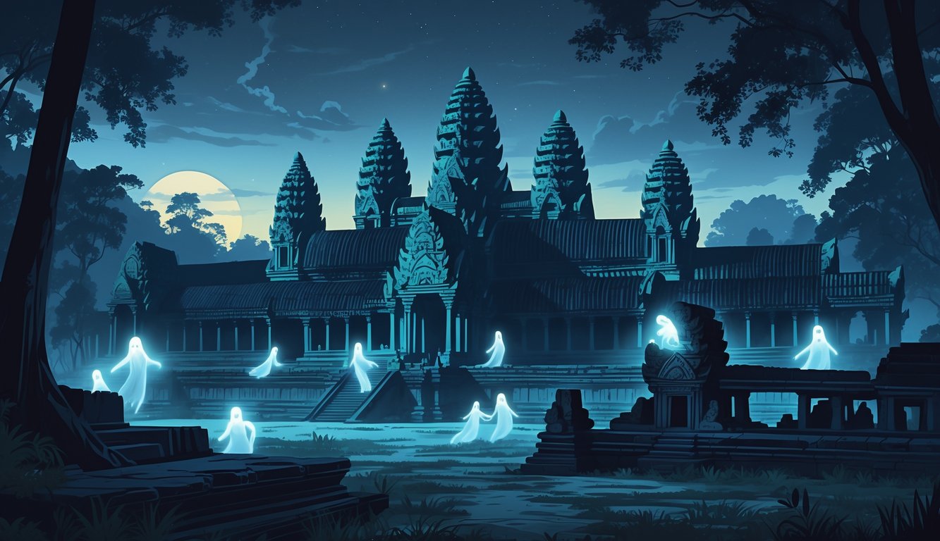 Ancient Angkor Wat temple at dusk with ghostly figures appearing around the stone structures and dense jungle surrounding it.