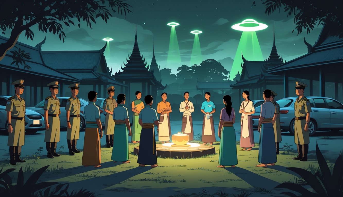 A group of Thai people gathered outdoors at dusk performing a ritual with glowing orbs and UFO shapes in the sky, while government officials watch from a distance in a rural setting with temple rooftops and tropical plants.
