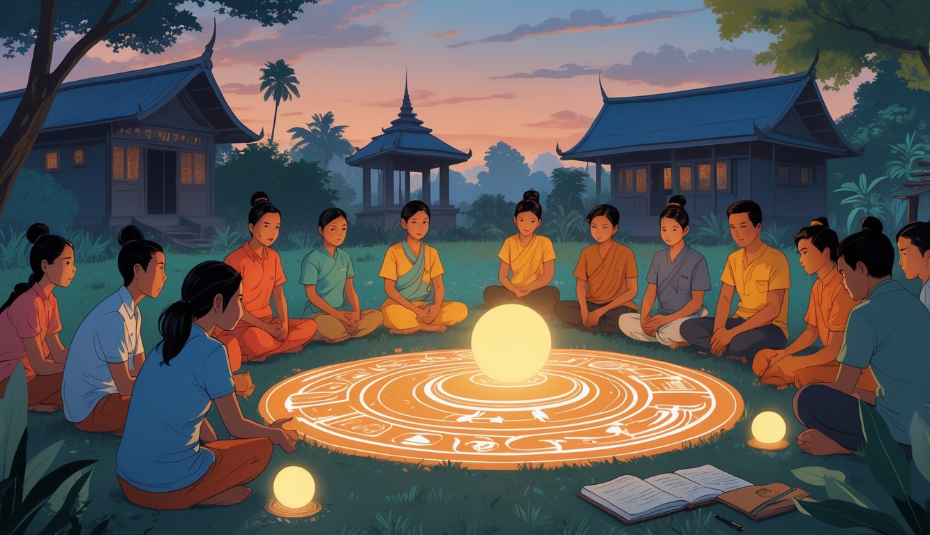 A group of Thai people in a rural setting at dusk, some engaged in ritual activities with alien symbols, others observing thoughtfully, surrounded by traditional houses and greenery.