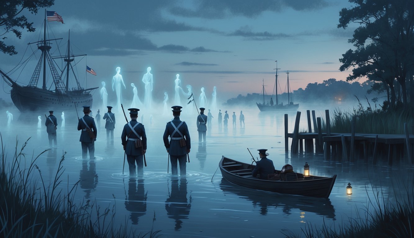 Ghostly Civil War soldiers appear in the misty waters of Chesapeake Bay near a small boat with people searching for spirits along a grassy shoreline.