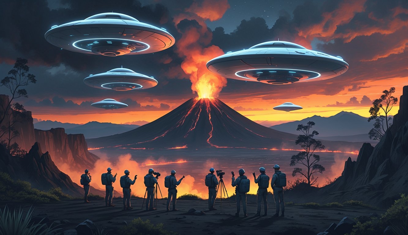 Scientists observing glowing UFOs hovering above an active volcano in a rugged volcanic landscape at dusk.