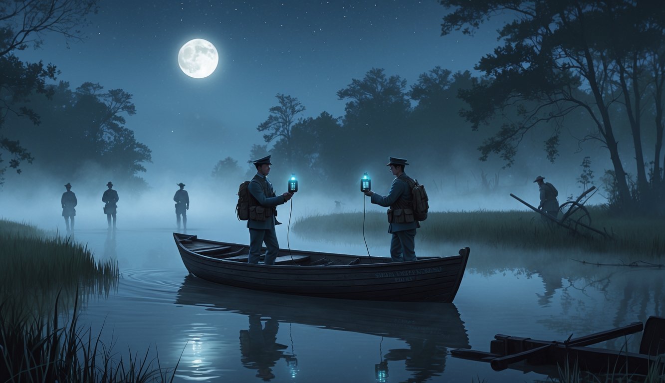Two investigators on a small boat in misty Chesapeake Bay at night, surrounded by faint ghostly figures of Civil War soldiers near the shoreline.