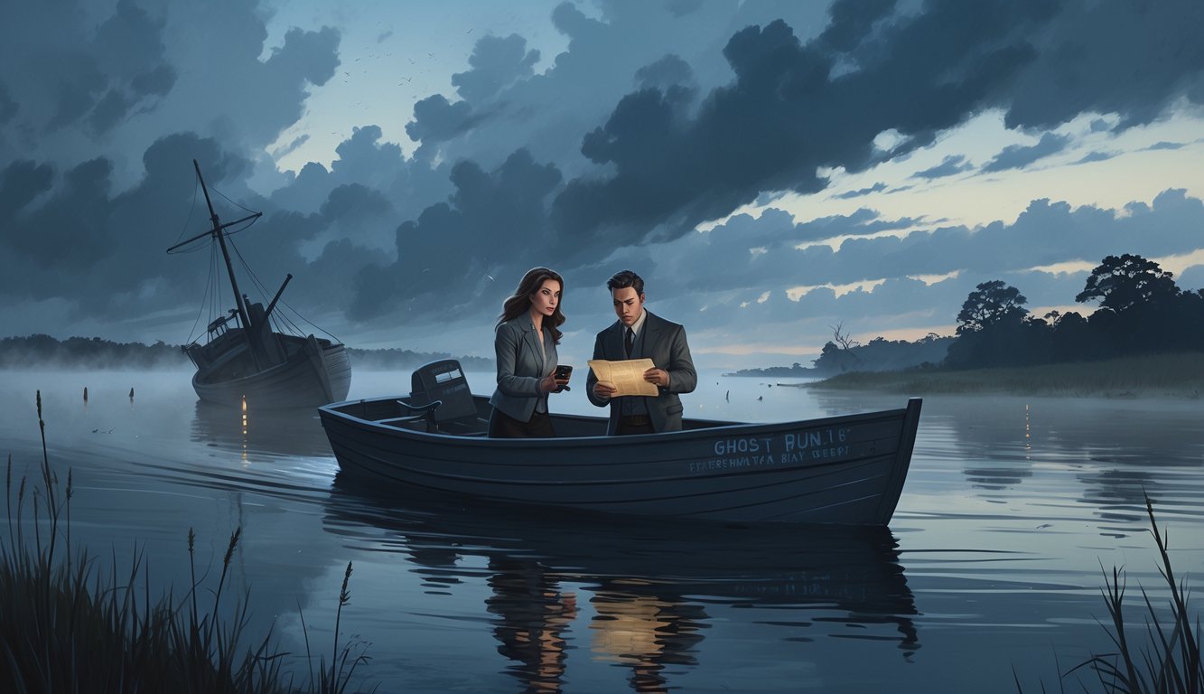 Two investigators on a small boat at dusk on Chesapeake Bay, surrounded by mist and faint ghostly figures near the water, with a partially submerged Civil War shipwreck in the background.