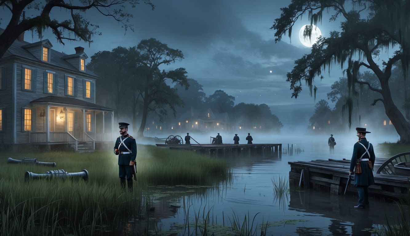 A misty Chesapeake Bay shoreline with old buildings, docks, and ghostly Civil War soldiers among trees and marsh grasses under a cloudy sky.