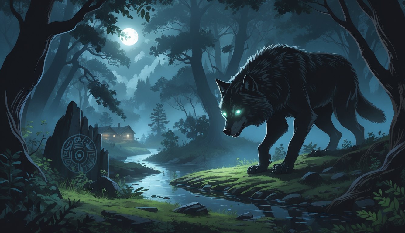 A large, shadowy wolf-like creature with glowing eyes hidden among dense trees and mist in a forested mountain area, with a river and rustic cabins visible in the background.