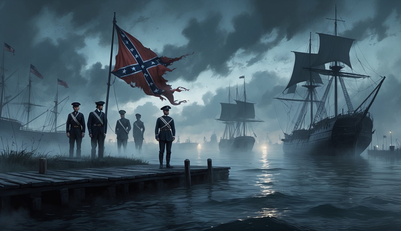 A misty harbor at twilight with old ships and ghostly Civil War sailors appearing above the water surrounded by fog.