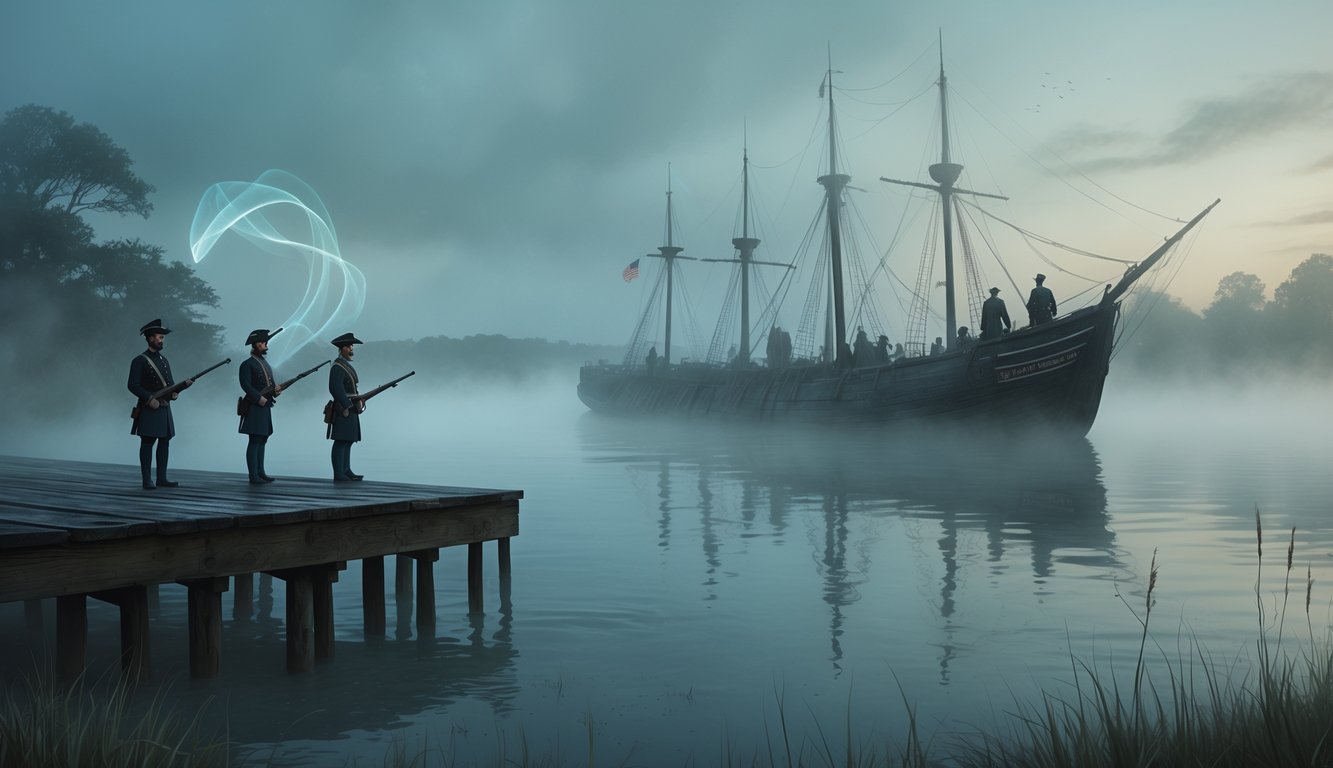 A misty Chesapeake Bay at twilight with ghostly Civil War soldiers standing near a wooden pier and a sunken ship, surrounded by fog and ethereal light.