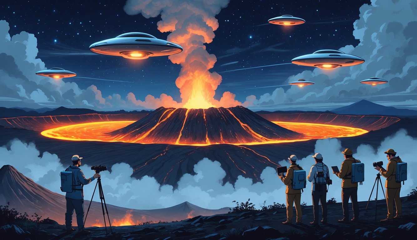 Scientists observing glowing UFOs hovering over an active volcanic crater at dusk with lava visible around the rim.