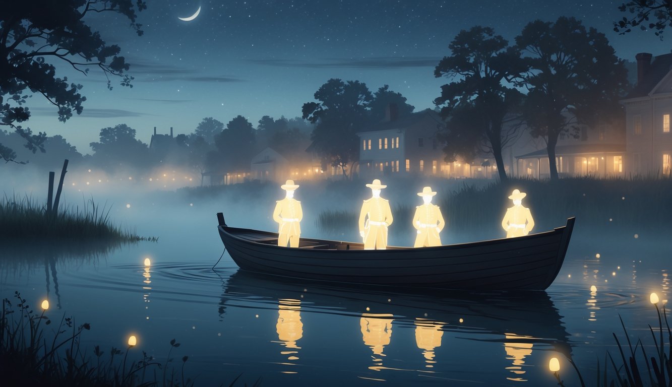 A small boat on misty Chesapeake Bay at night with ghostly figures in Civil War-era clothing surrounded by fog and faintly visible shoreline.