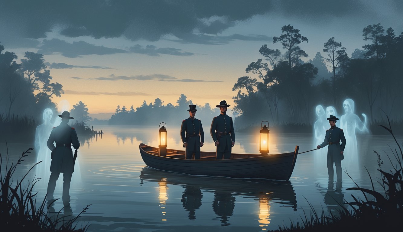 A small boat with two people holding lanterns floats on misty waters of Chesapeake Bay at dusk, surrounded by faint ghostly figures of Civil War soldiers and sailors.