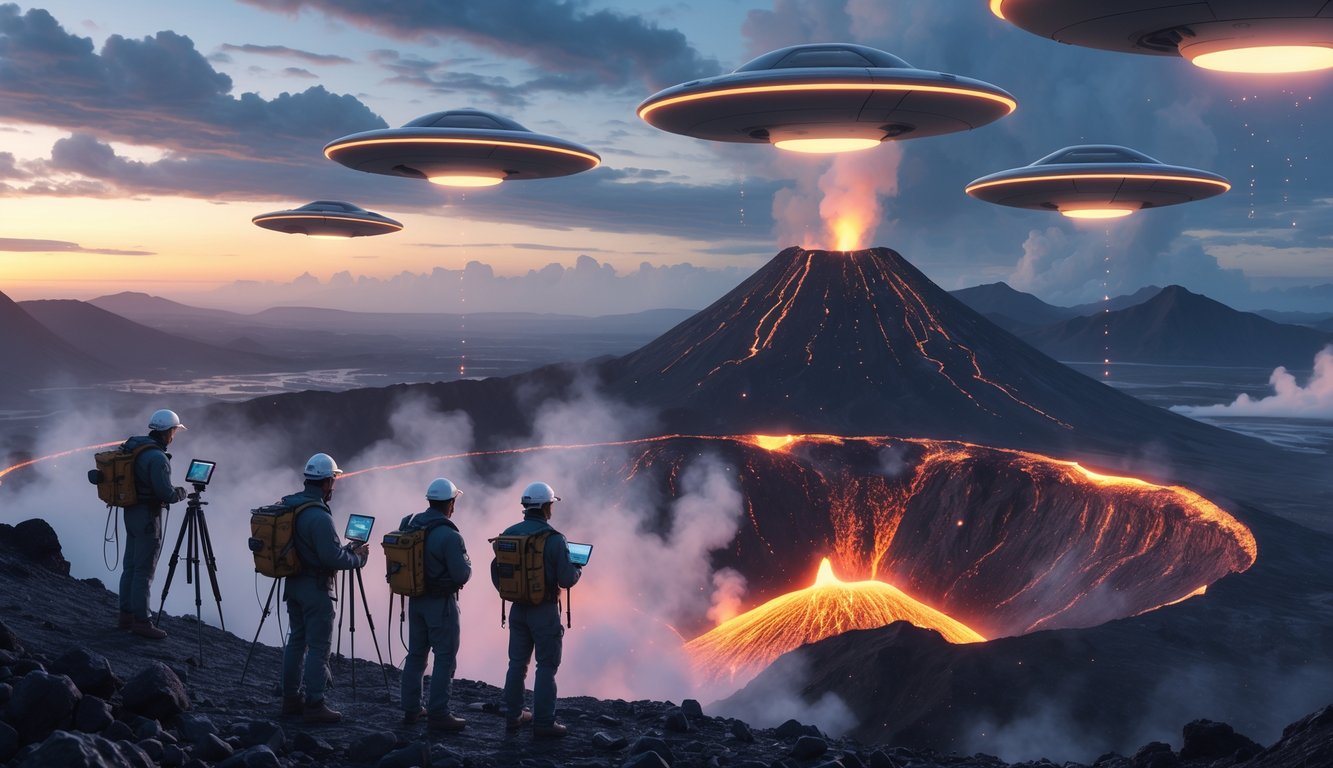 Scientists observing a volcanic landscape with active lava flows while several UFOs hover above the volcano at dusk.