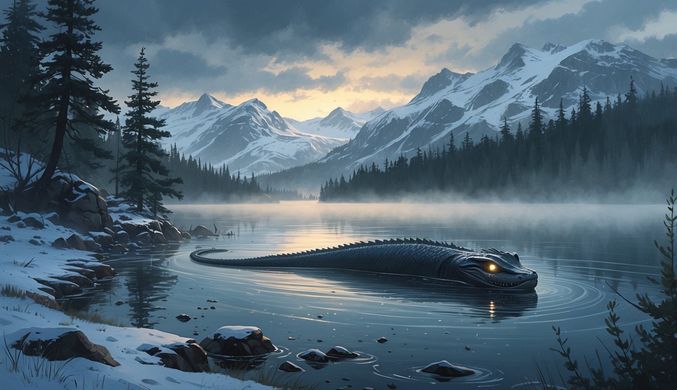 A misty Alaskan lake at dawn with a large, dark lake monster partially visible in the water near a rocky, forested shoreline and snowy mountains in the background.