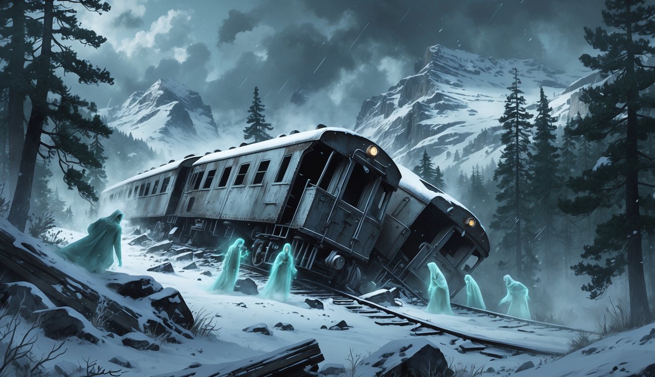 An abandoned train wreck partially buried in snow on a mountain slope with ghostly figures near it, surrounded by pine trees and snowy peaks under a cloudy sky.