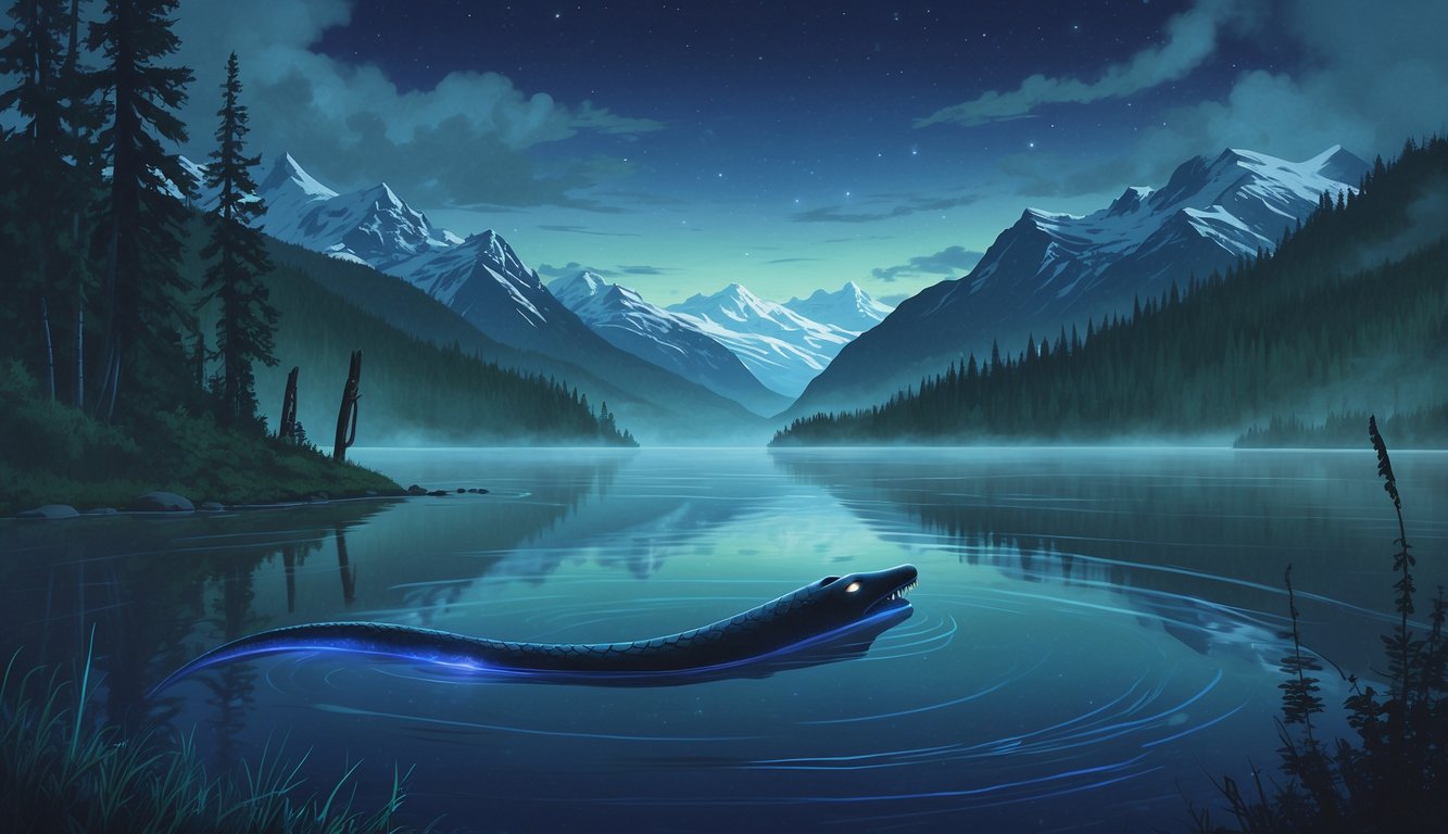 A serene Alaskan lake at twilight with mountains and forests surrounding it, showing a large shadowy lake monster partially visible beneath the water and traditional totem poles near the shore.