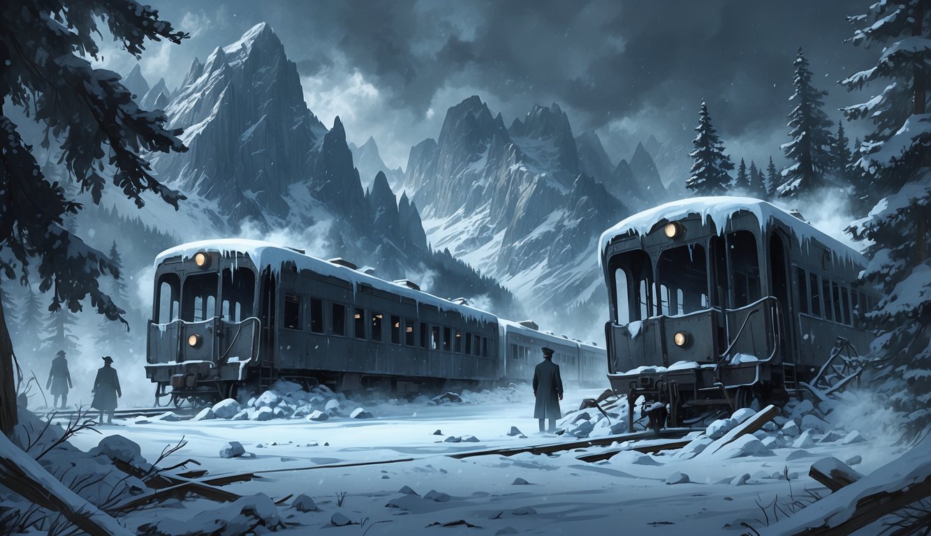 A snow-covered train wreck in the Alps surrounded by mountains and ghostly figures near the wreck.