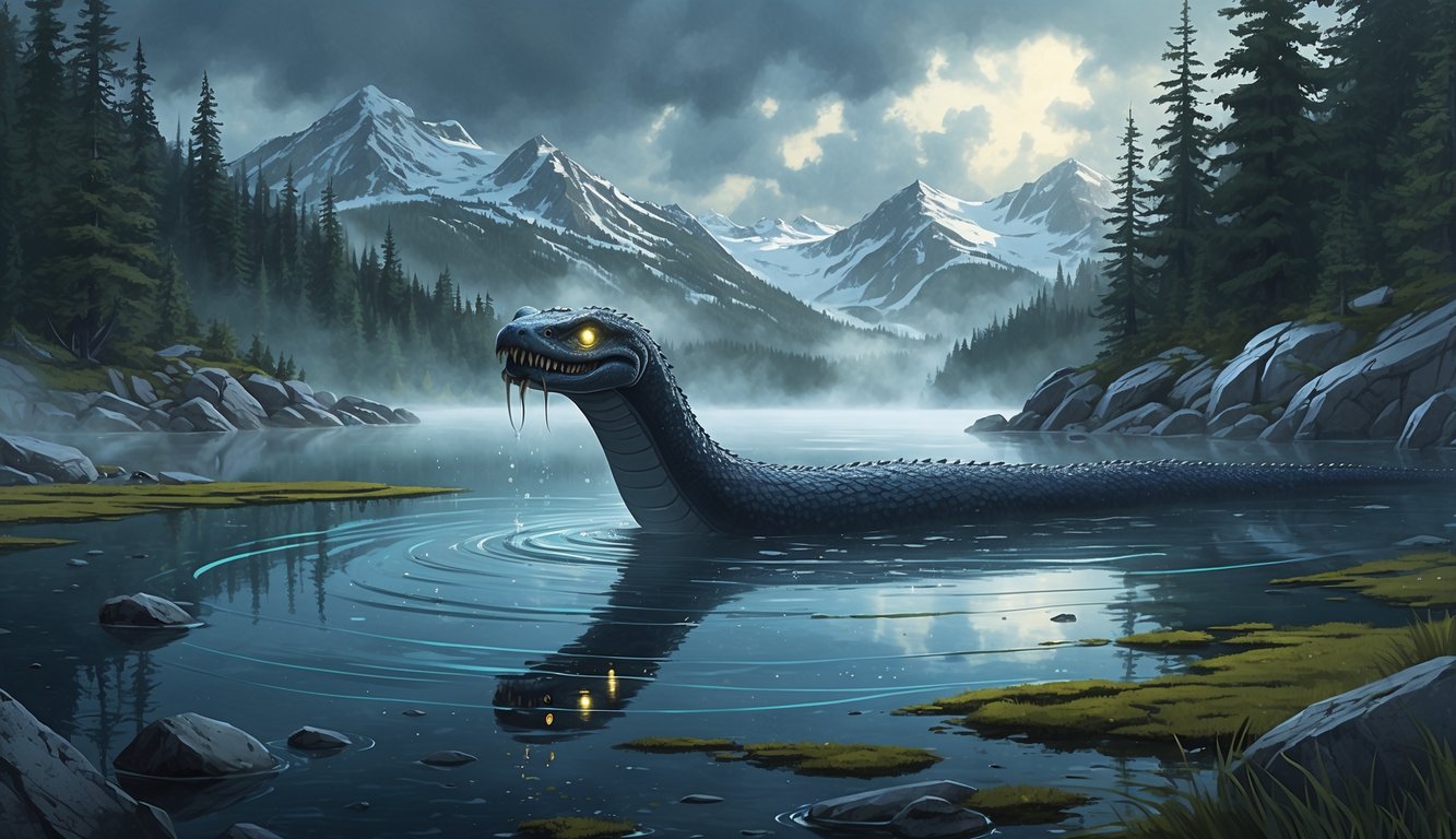 A large mysterious lake creature with dark scales emerging from a misty lake surrounded by evergreen forests and snow-capped mountains.