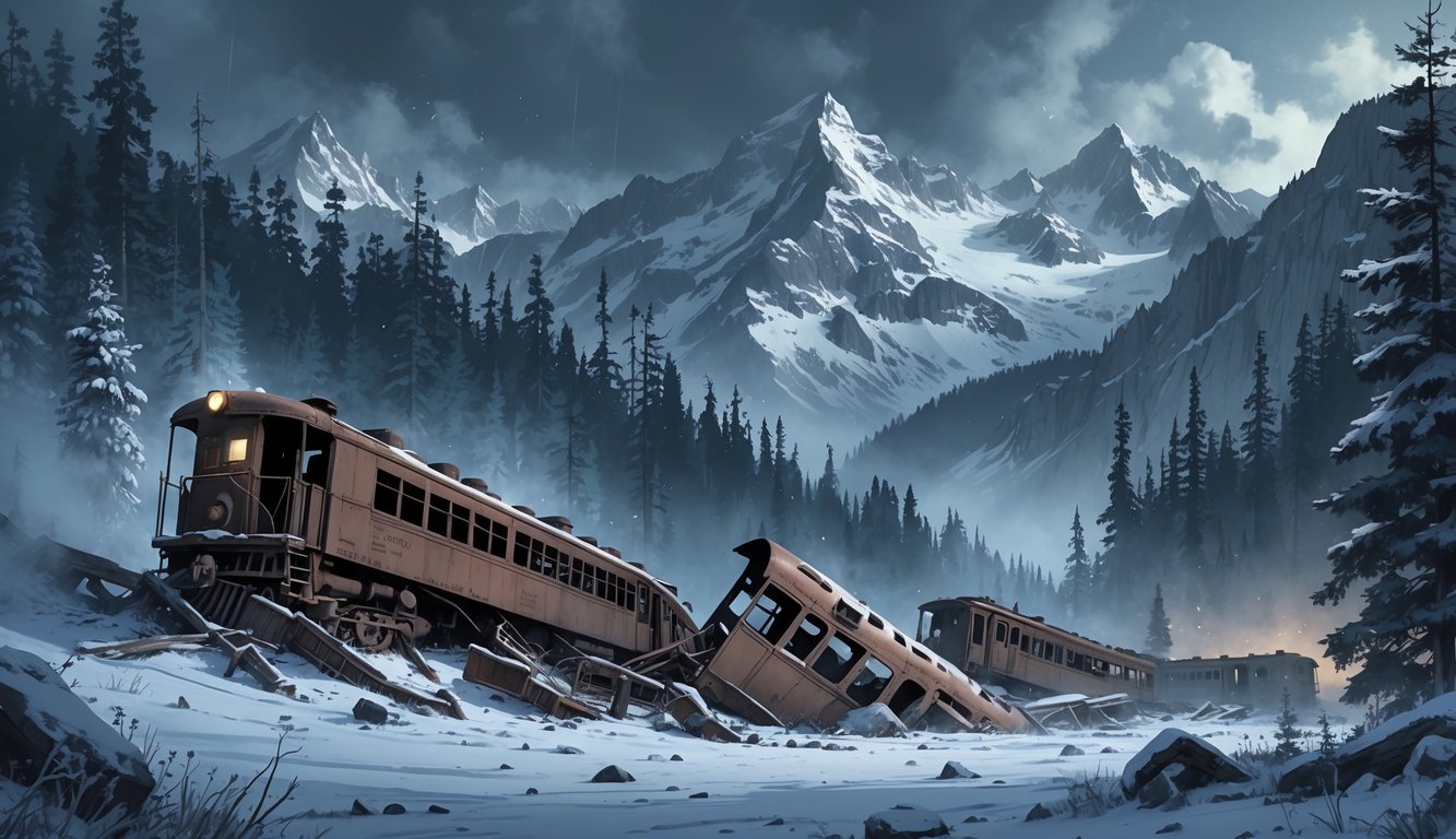 An abandoned train wreck partially buried in snow in a mountainous forest with tall evergreen trees and mist, surrounded by rugged snowy peaks under a cloudy sky.