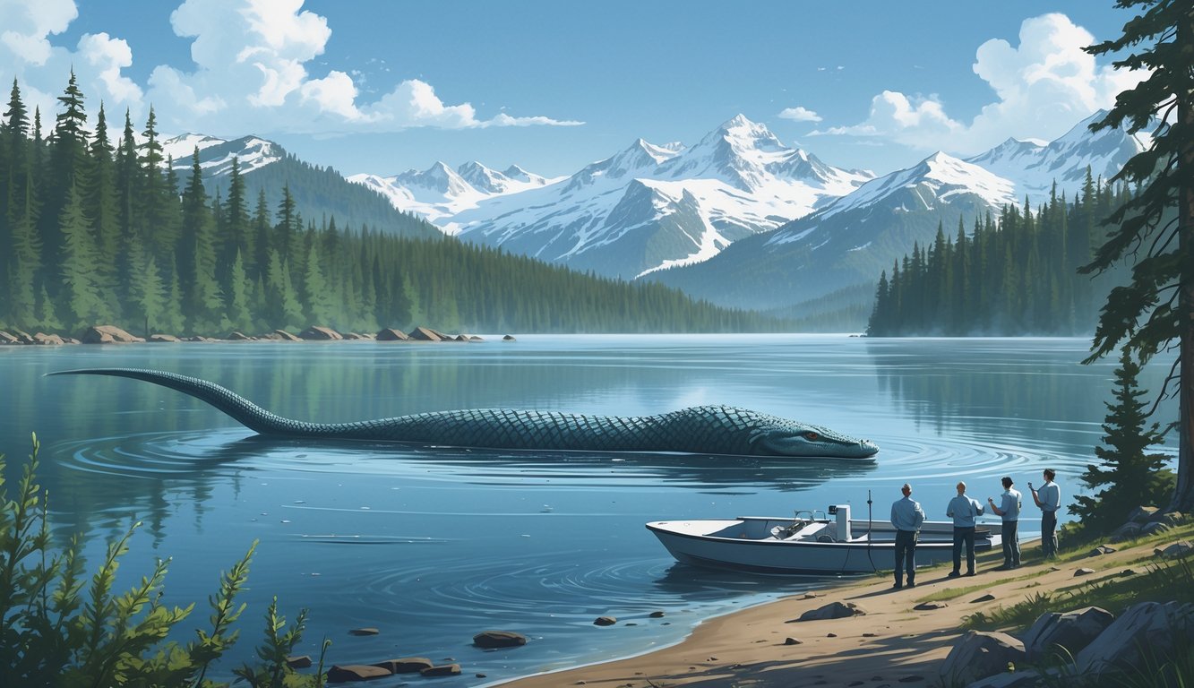 A calm Alaskan lake with mountains and forests around it, showing a large mysterious creature partially visible in the water while scientists observe from the shore.