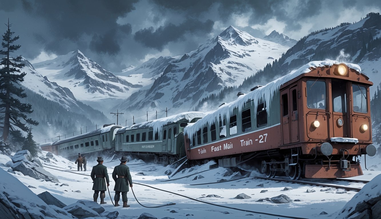 A snow-covered train wreck in the Alps with derailed cars buried partially in snow, surrounded by snowy mountains and pine trees, with faint ghostly figures and rescue workers inspecting the scene.