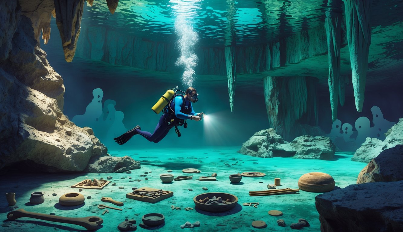 Underwater scene inside a Mexican cenote showing a diver exploring ancient artifacts on the rocky cave floor surrounded by limestone walls and stalactites.