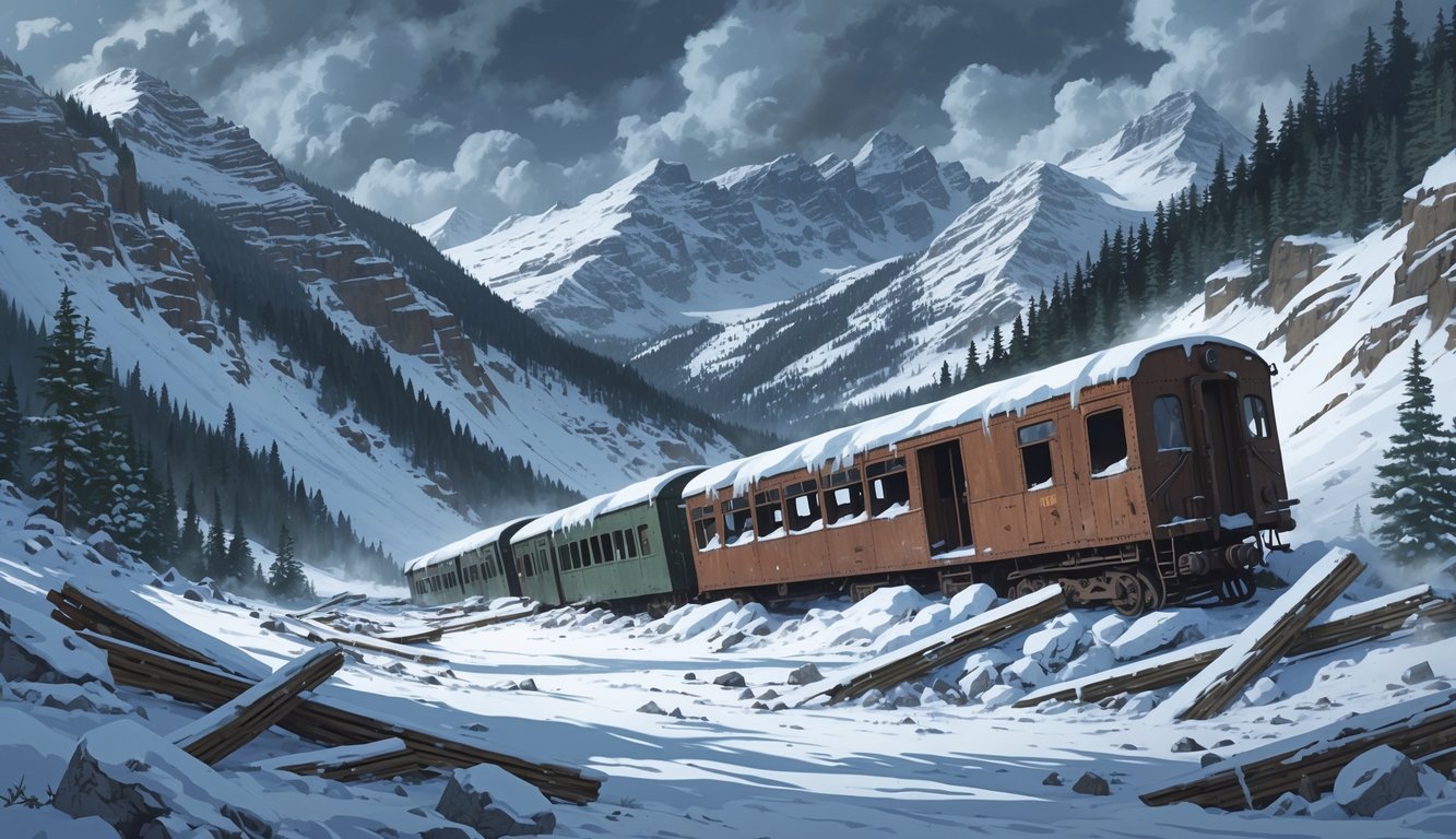 Snow-covered alpine mountains with a partially buried vintage train wreck surrounded by broken trees and snow debris under a cloudy sky.