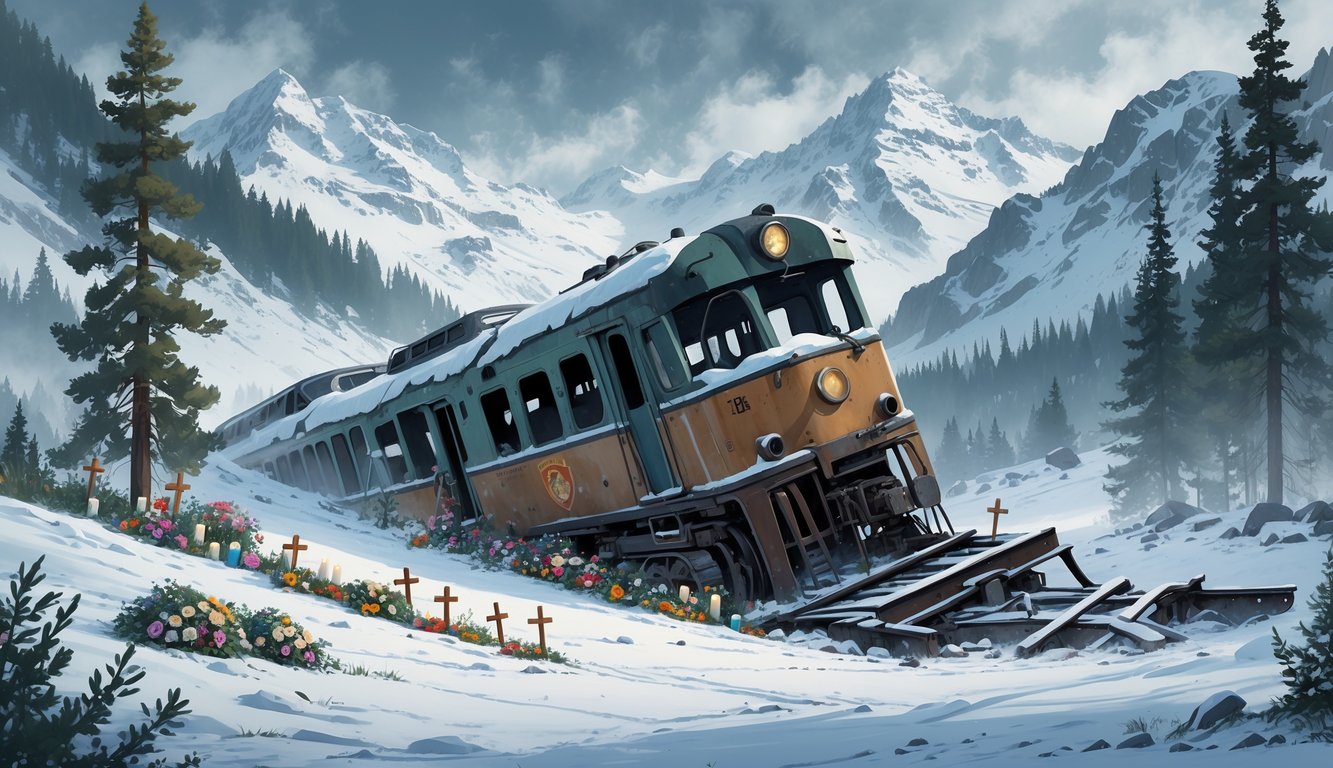 Snow-covered mountain scene with a damaged train wreck partially buried in snow, surrounded by memorials and faint ghostly figures near the wreckage.