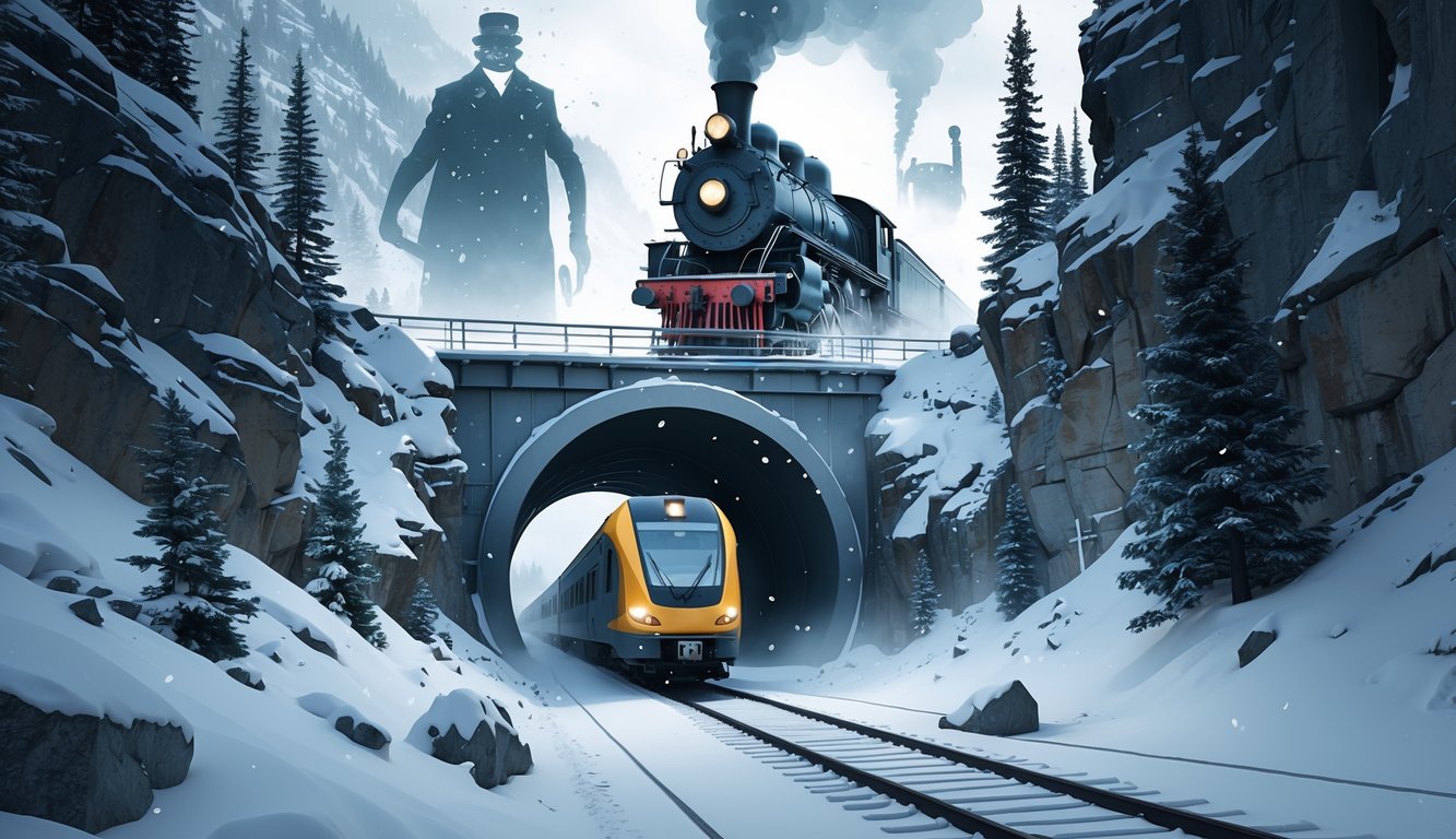 A modern train emerging from a snowy mountain tunnel with ghostly images of an old steam train and figures hovering above in a misty alpine landscape.
