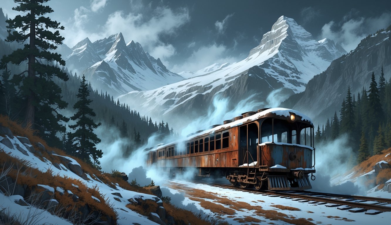 A rusted ghost train wreck lies abandoned on a snowy mountain railway track surrounded by pine trees and towering alpine peaks under an overcast sky.