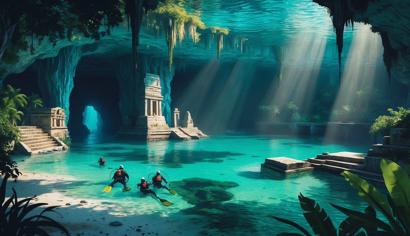 Underwater view of a clear turquoise cenote with shadowy caves, ancient ruins, faint ghostly figures, surrounded by jungle and respectful divers exploring.