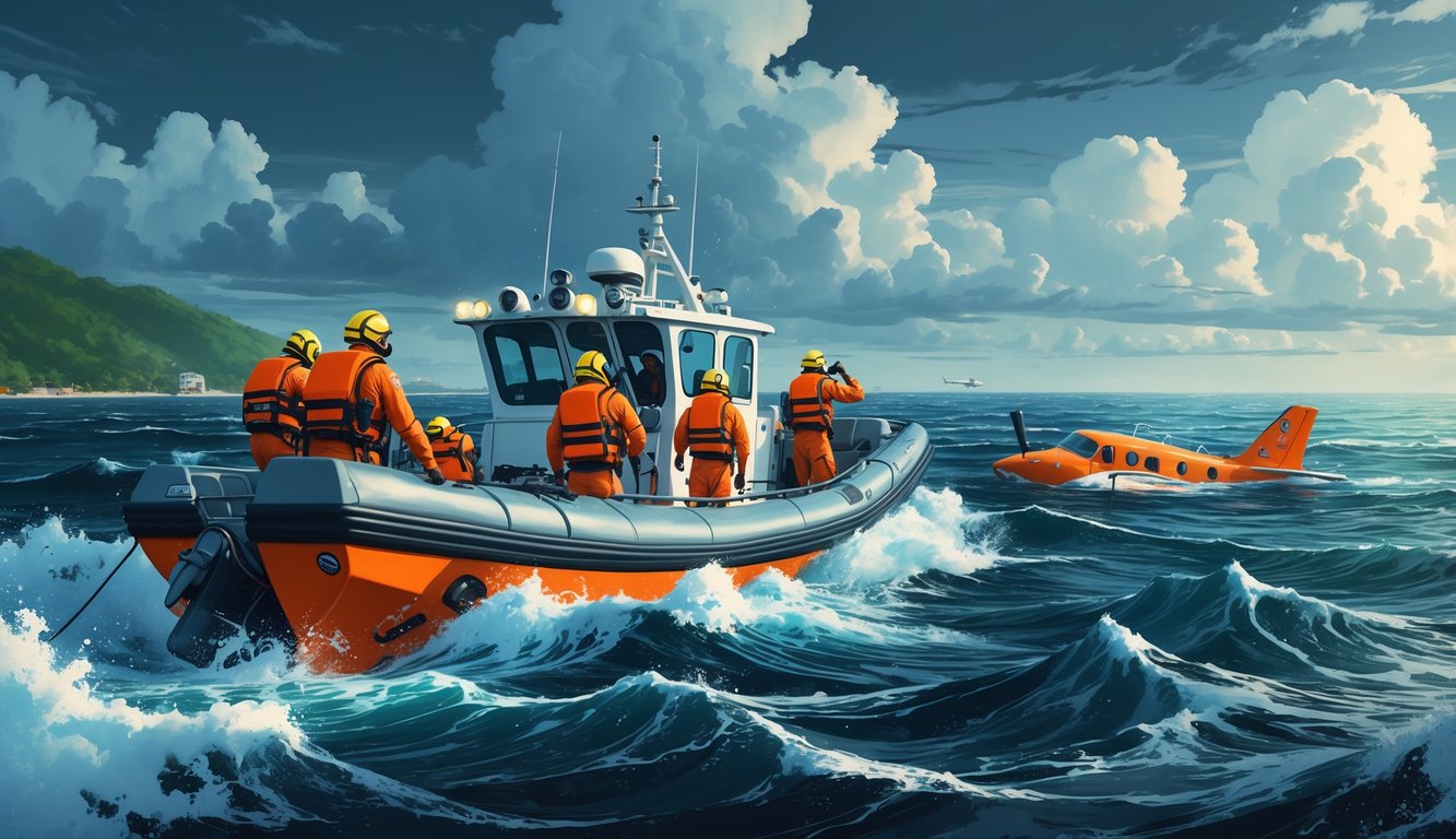 A rescue boat with a team searching for a missing plane in rough ocean waters near Puerto Rico’s coastline.