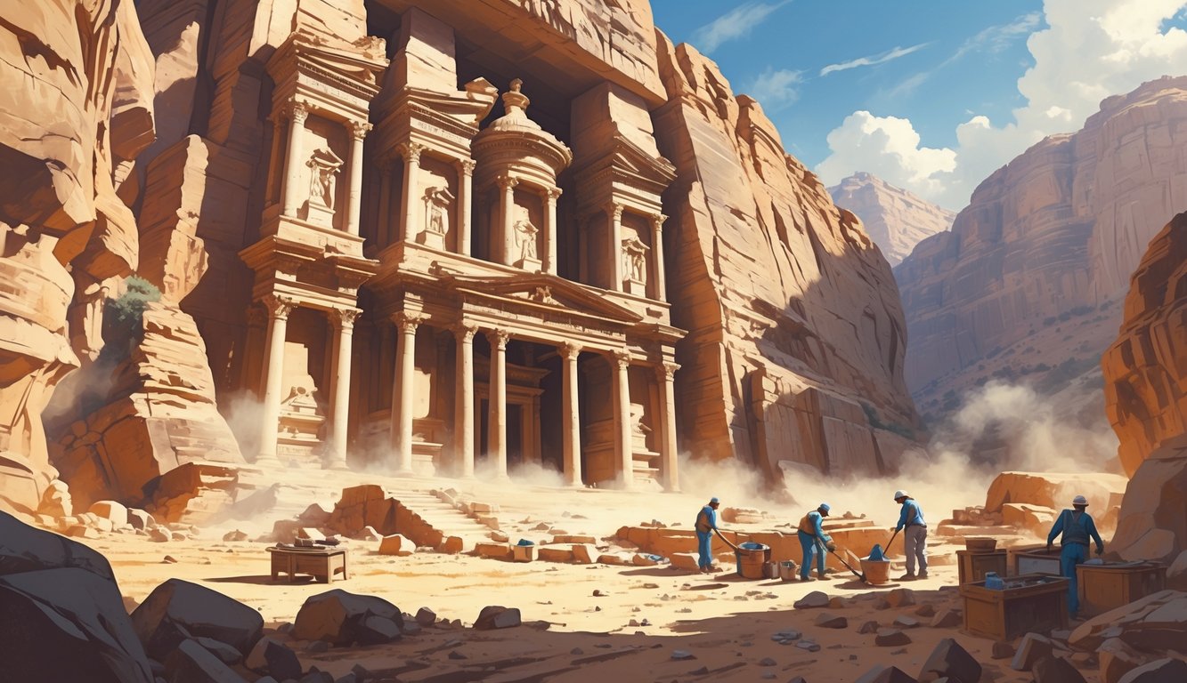 Archaeologists excavating in front of Petra's Treasury, surrounded by sandstone cliffs and ancient carvings.
