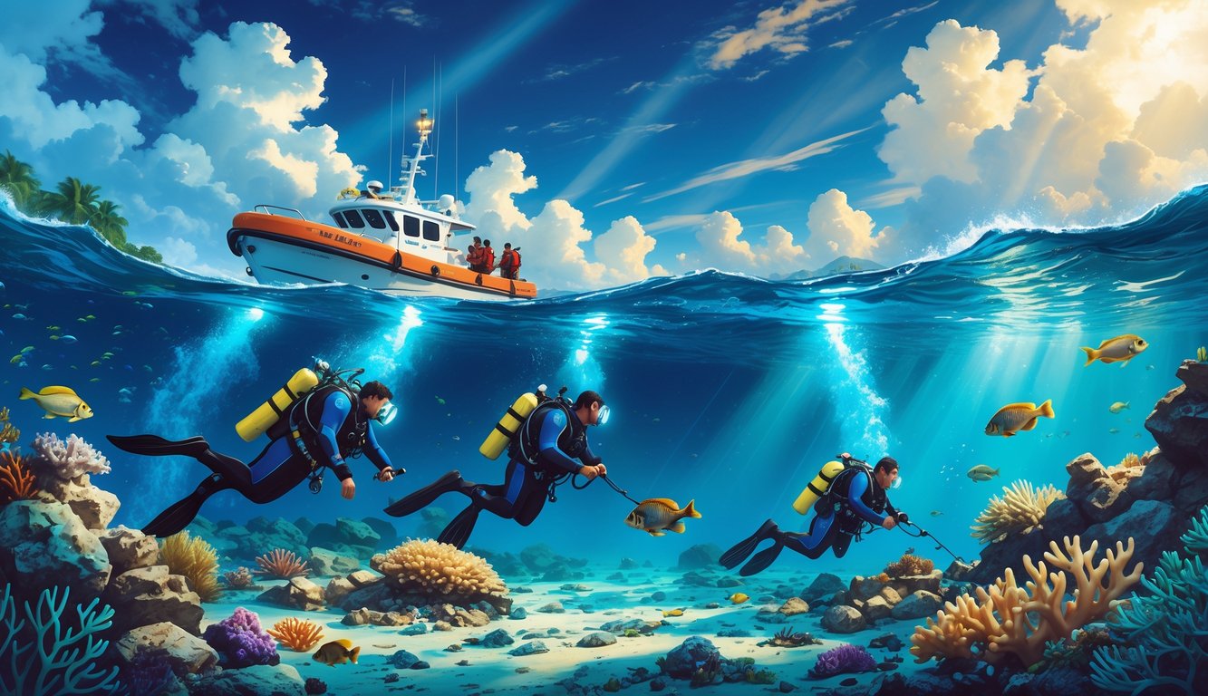 Divers searching underwater near Puerto Rico with a rescue boat on the surface and sunlight filtering through the water.