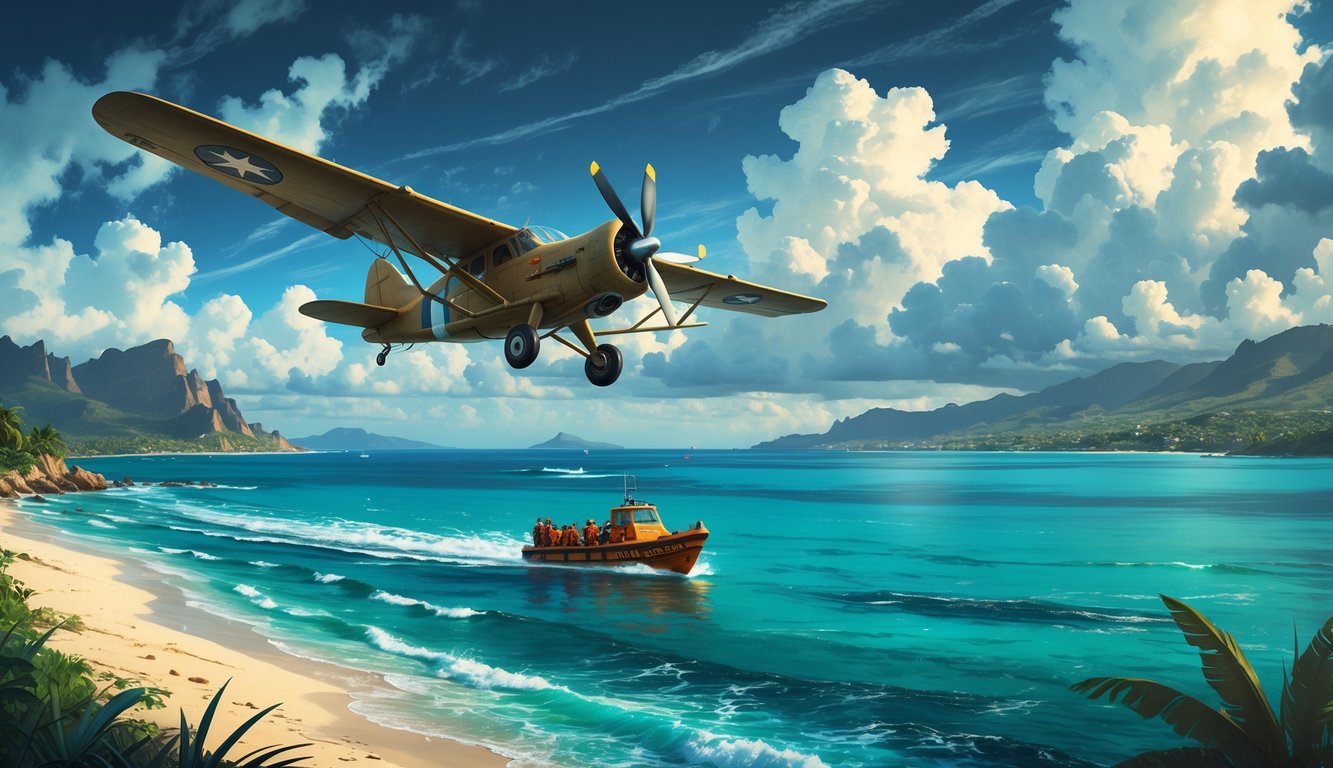 A vintage plane flying low over the Caribbean Sea near Puerto Rico with a rescue boat searching the waters below, surrounded by coastline and mountains.