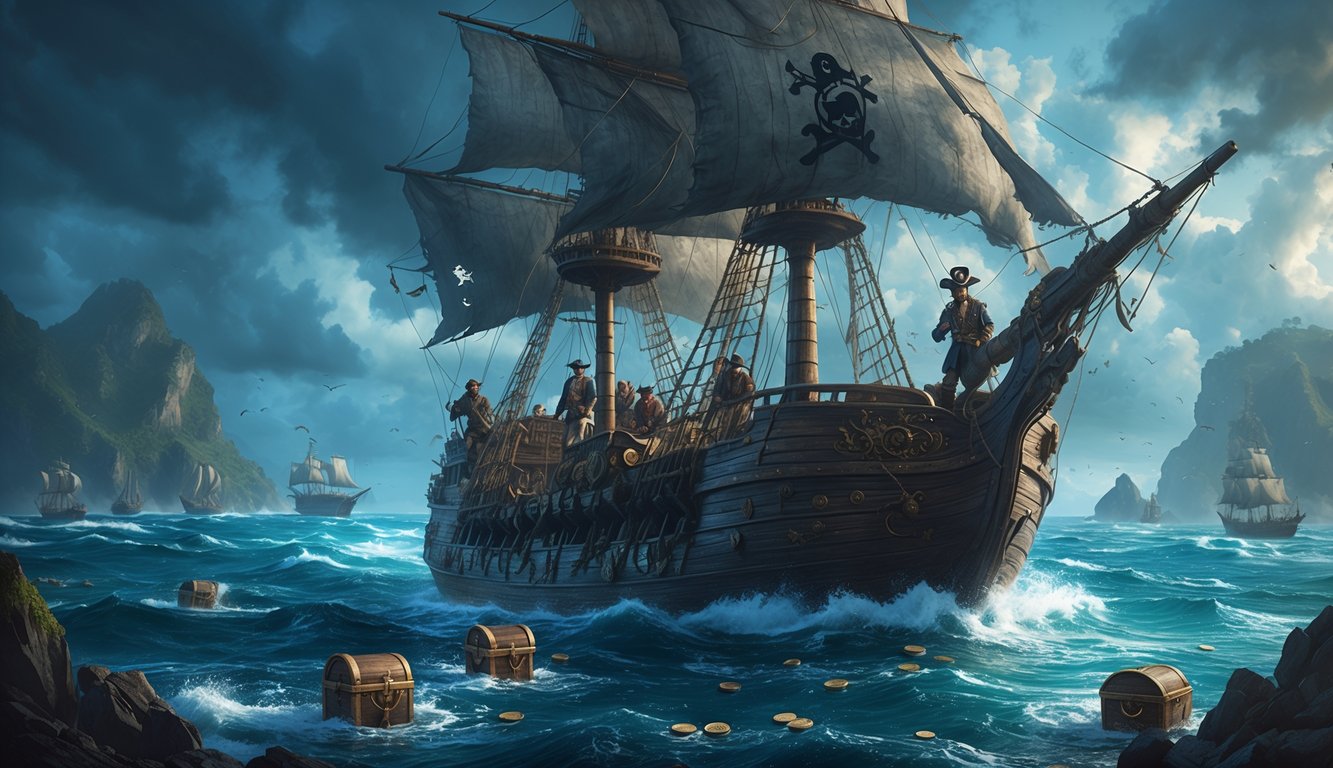 A pirate ship sails through rough seas near misty islands as sailors search the horizon for a missing plane, with treasure chests floating in the water.